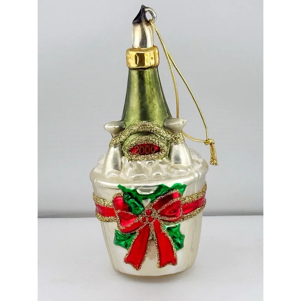 Vintage Millennium 2000 Christmas Ornament. Champagne In Bucket Hand Blown Glass